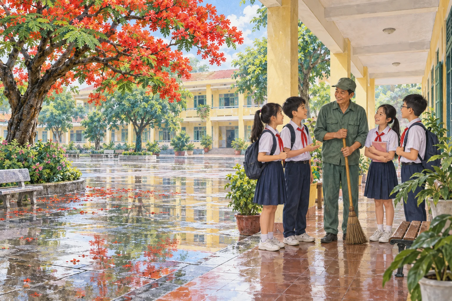 Tranh minh họa không gian câu chuyện; trả lời dựa vào bài đọc.