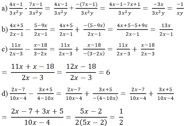 Giải Toán lớp 8 Bài 6: Phép trừ các phân thức đại số